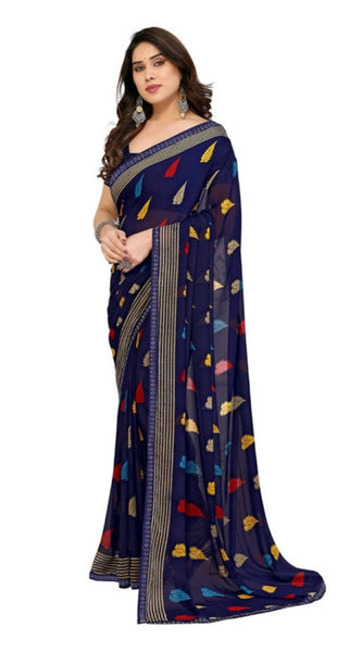 Mayawye Women's Georgette Printed Saree With Unstitched Blouse 5.5Mtr (Navy Blue)
