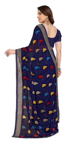 Mayawye Women's Georgette Printed Saree With Unstitched Blouse 5.5Mtr (Navy Blue)