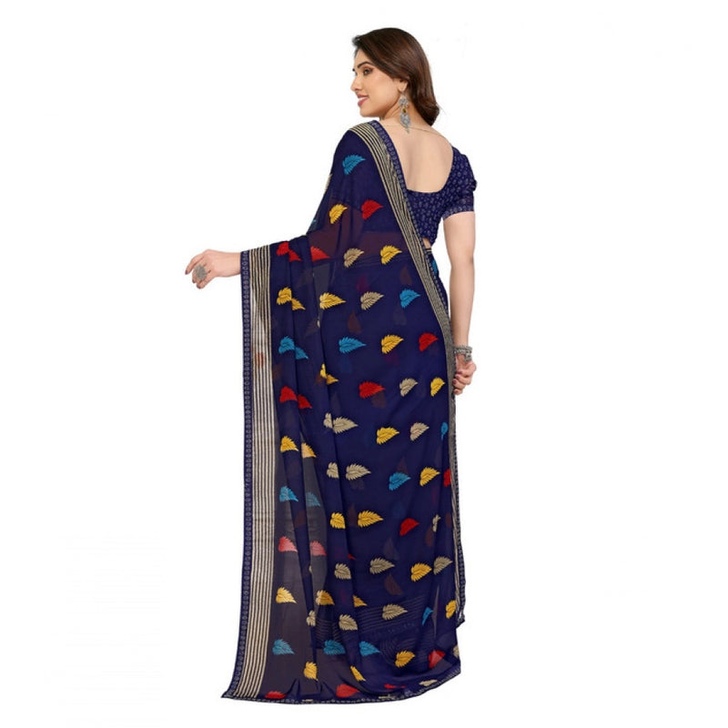Mayawye Women's Georgette Printed Saree With Unstitched Blouse 5.5Mtr (Navy Blue)