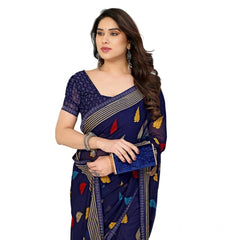 Mayawye Women's Georgette Printed Saree With Unstitched Blouse 5.5Mtr (Navy Blue)