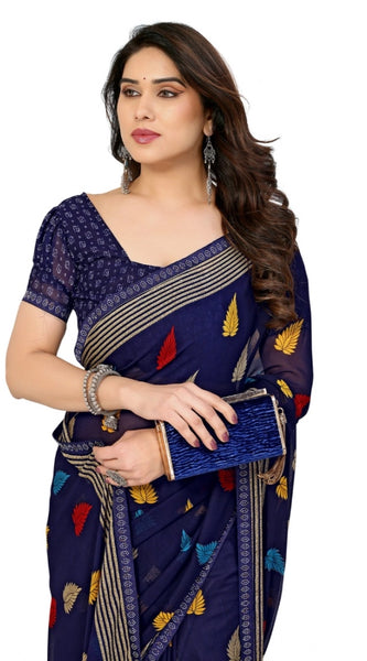 Mayawye Women's Georgette Printed Saree With Unstitched Blouse 5.5Mtr (Navy Blue)