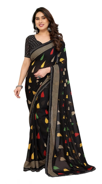 Mayawye Women's Georgette Printed Saree With Unstitched Blouse 5.5Mtr (Black)