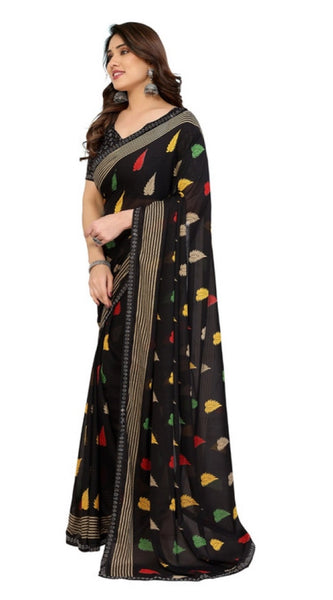 Mayawye Women's Georgette Printed Saree With Unstitched Blouse 5.5Mtr (Black)