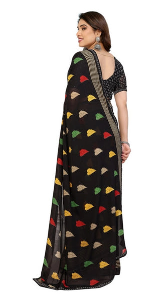 Mayawye Women's Georgette Printed Saree With Unstitched Blouse 5.5Mtr (Black)