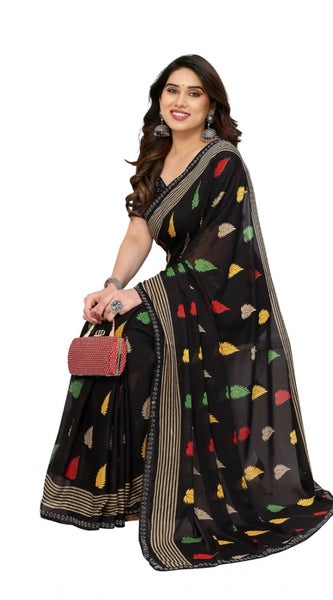 Mayawye Women's Georgette Printed Saree With Unstitched Blouse 5.5Mtr (Black)