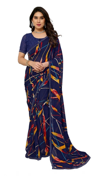 Mayawye Women's Georgette Printed Saree With Unstitched Blouse 5.5Mtr (Blue)