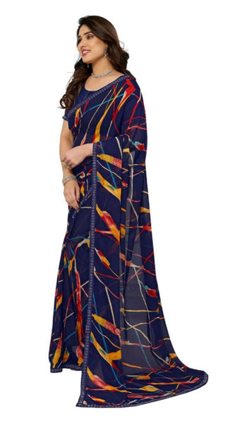 Mayawye Women's Georgette Printed Saree With Unstitched Blouse 5.5Mtr (Blue)