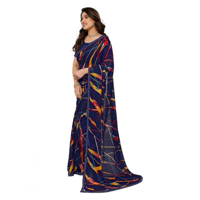 Mayawye Women's Georgette Printed Saree With Unstitched Blouse 5.5Mtr (Blue)
