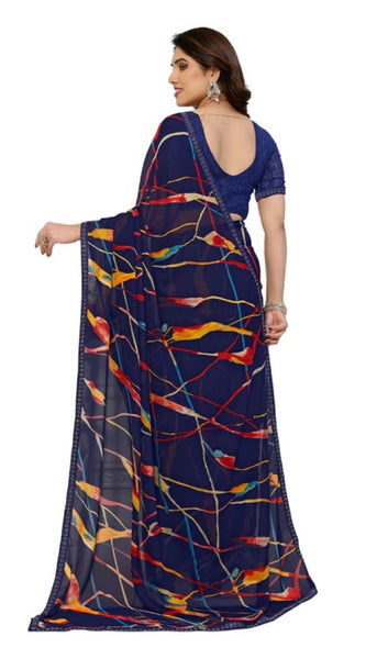 Mayawye Women's Georgette Printed Saree With Unstitched Blouse 5.5Mtr (Blue)