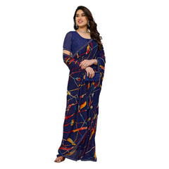 Mayawye Women's Georgette Printed Saree With Unstitched Blouse 5.5Mtr (Blue)