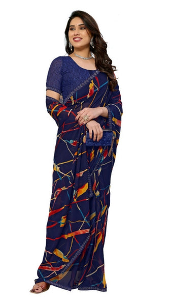 Mayawye Women's Georgette Printed Saree With Unstitched Blouse 5.5Mtr (Blue)
