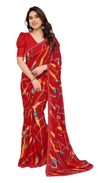 Mayawye Women's Georgette Printed Saree With Unstitched Blouse 5.5Mtr (Red)