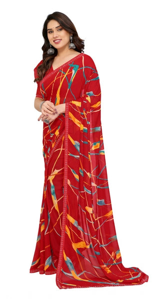 Mayawye Women's Georgette Printed Saree With Unstitched Blouse 5.5Mtr (Red)