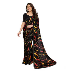 Mayawye Women's Georgette Printed Saree With Unstitched Blouse 5.5Mtr (Black)
