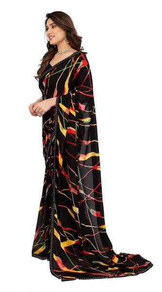 Mayawye Women's Georgette Printed Saree With Unstitched Blouse 5.5Mtr (Black)