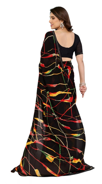 Mayawye Women's Georgette Printed Saree With Unstitched Blouse 5.5Mtr (Black)