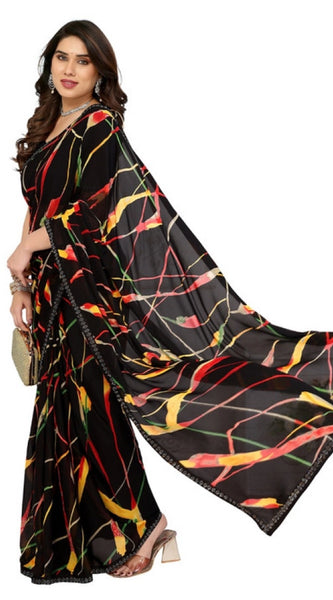 Mayawye Women's Georgette Printed Saree With Unstitched Blouse 5.5Mtr (Black)