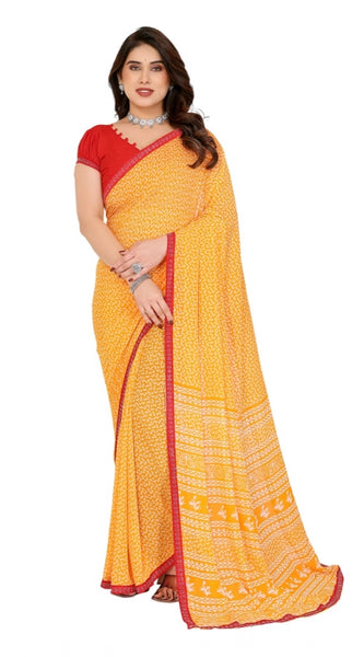 Mayawye Women's Georgette Printed Saree With Unstitched Blouse 5.5Mtr (Yellow)