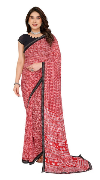 Mayawye Women's Georgette Printed Saree With Unstitched Blouse 5.5Mtr (Red)