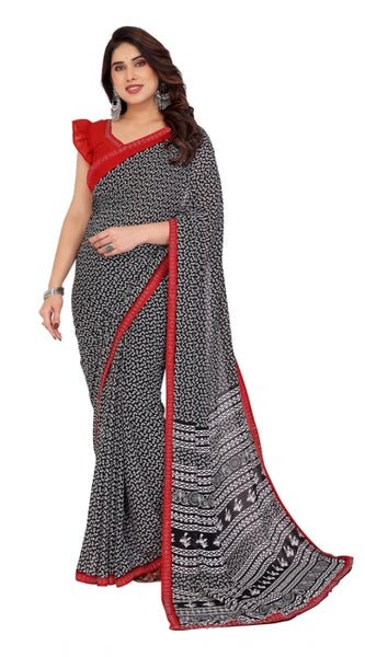 Mayawye Women's Georgette Printed Saree With Unstitched Blouse 5.5Mtr (Black)