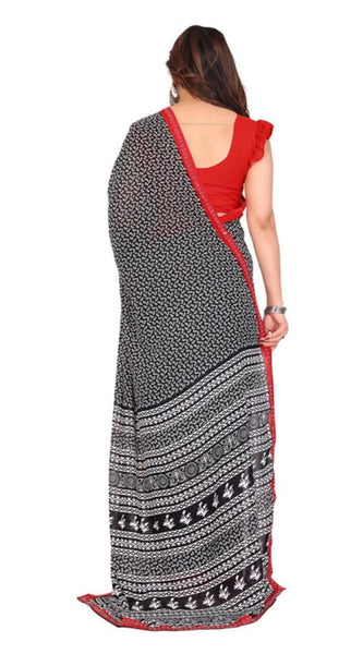 Mayawye Women's Georgette Printed Saree With Unstitched Blouse 5.5Mtr (Black)