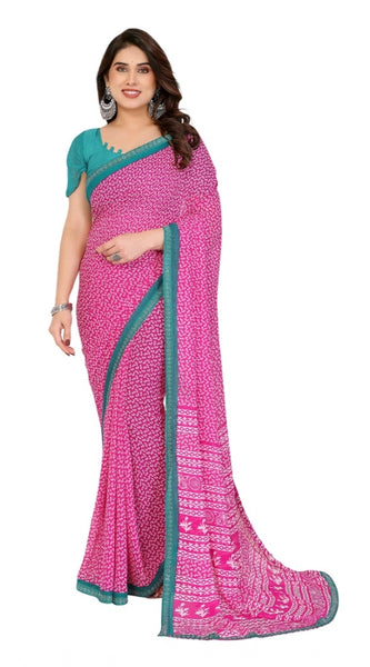 Mayawye Women's Georgette Printed Saree With Unstitched Blouse 5.5Mtr (Pink)