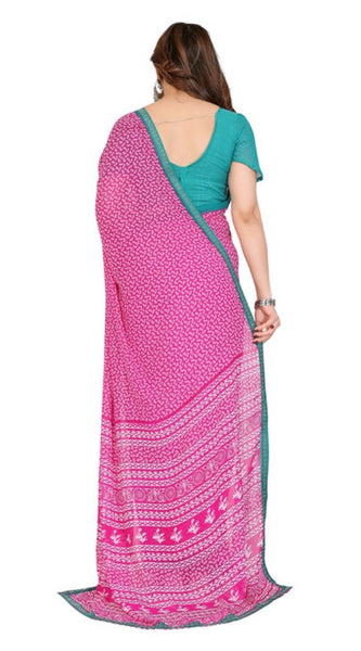 Mayawye Women's Georgette Printed Saree With Unstitched Blouse 5.5Mtr (Pink)