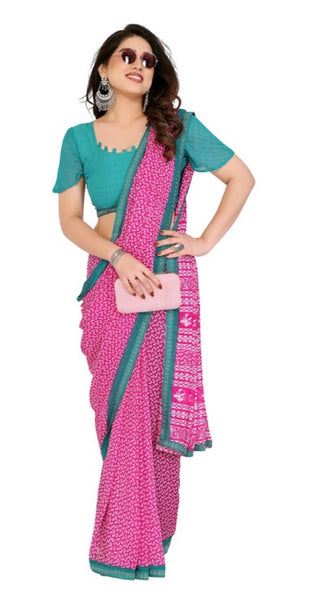 Mayawye Women's Georgette Printed Saree With Unstitched Blouse 5.5Mtr (Pink)