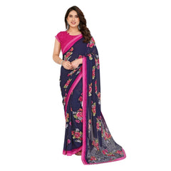 Mayawye Women's Georgette Printed Saree With Unstitched Blouse 5.5Mtr (Blue)