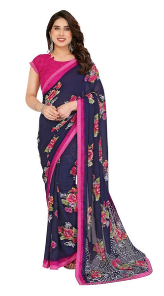 Mayawye Women's Georgette Printed Saree With Unstitched Blouse 5.5Mtr (Blue)