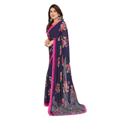 Mayawye Women's Georgette Printed Saree With Unstitched Blouse 5.5Mtr (Blue)