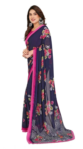 Mayawye Women's Georgette Printed Saree With Unstitched Blouse 5.5Mtr (Blue)