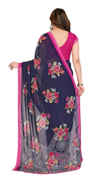 Mayawye Women's Georgette Printed Saree With Unstitched Blouse 5.5Mtr (Blue)