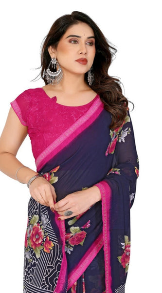 Mayawye Women's Georgette Printed Saree With Unstitched Blouse 5.5Mtr (Blue)