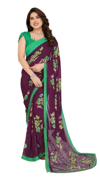 Mayawye Women's Georgette Printed Saree With Unstitched Blouse 5.5Mtr (Maroon)