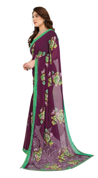 Mayawye Women's Georgette Printed Saree With Unstitched Blouse 5.5Mtr (Maroon)