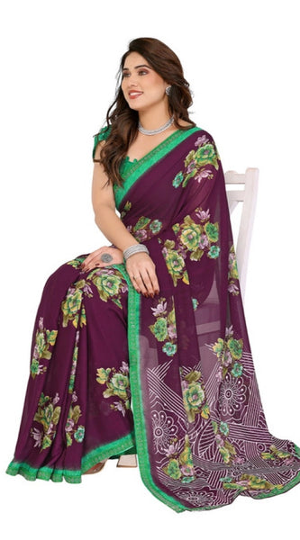 Mayawye Women's Georgette Printed Saree With Unstitched Blouse 5.5Mtr (Maroon)