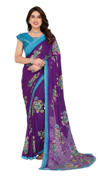 Mayawye Women's Georgette Printed Saree With Unstitched Blouse 5.5Mtr (Purple)