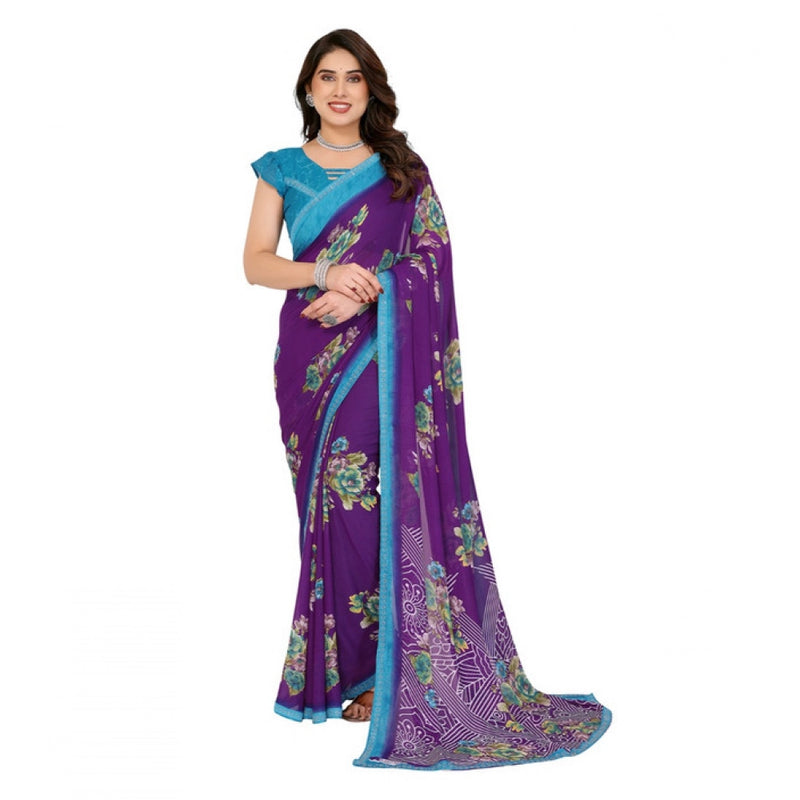 Mayawye Women's Georgette Printed Saree With Unstitched Blouse 5.5Mtr (Purple)