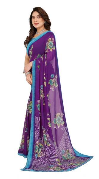 Mayawye Women's Georgette Printed Saree With Unstitched Blouse 5.5Mtr (Purple)
