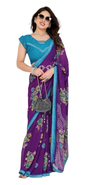 Mayawye Women's Georgette Printed Saree With Unstitched Blouse 5.5Mtr (Purple)