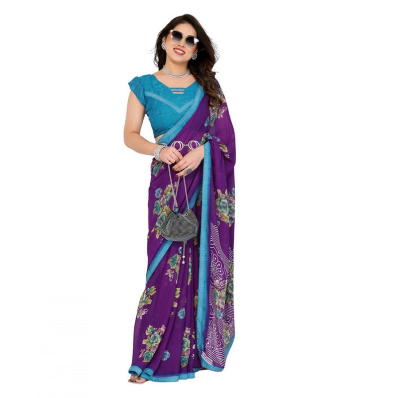 Mayawye Women's Georgette Printed Saree With Unstitched Blouse 5.5Mtr (Purple)