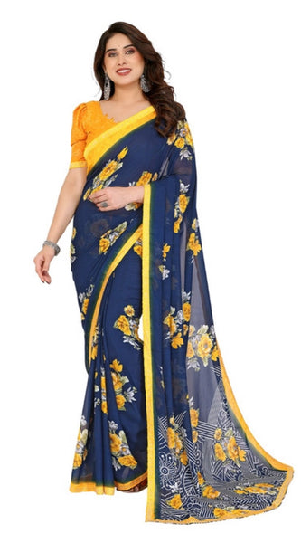 Mayawye Women's Georgette Printed Saree With Unstitched Blouse 5.5Mtr (Blue)