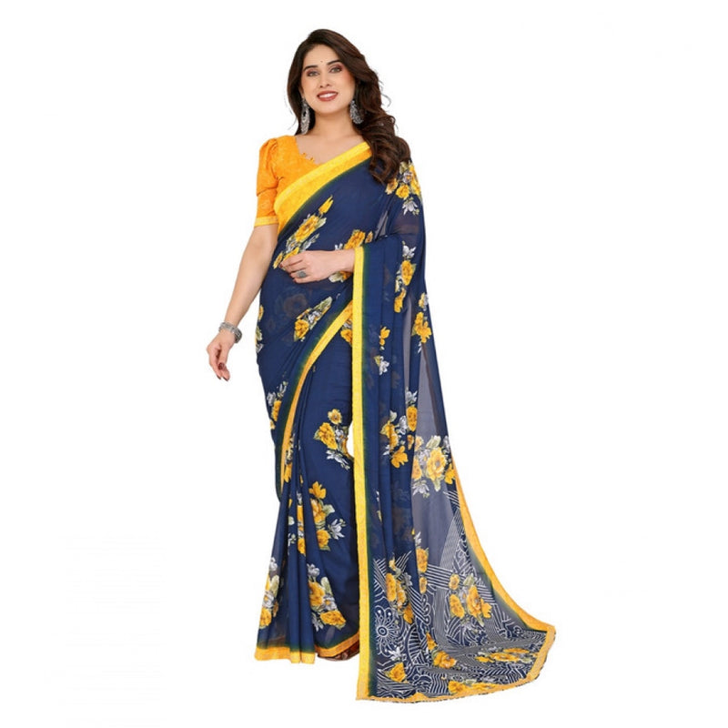 Mayawye Women's Georgette Printed Saree With Unstitched Blouse 5.5Mtr (Blue)