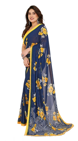 Mayawye Women's Georgette Printed Saree With Unstitched Blouse 5.5Mtr (Blue)