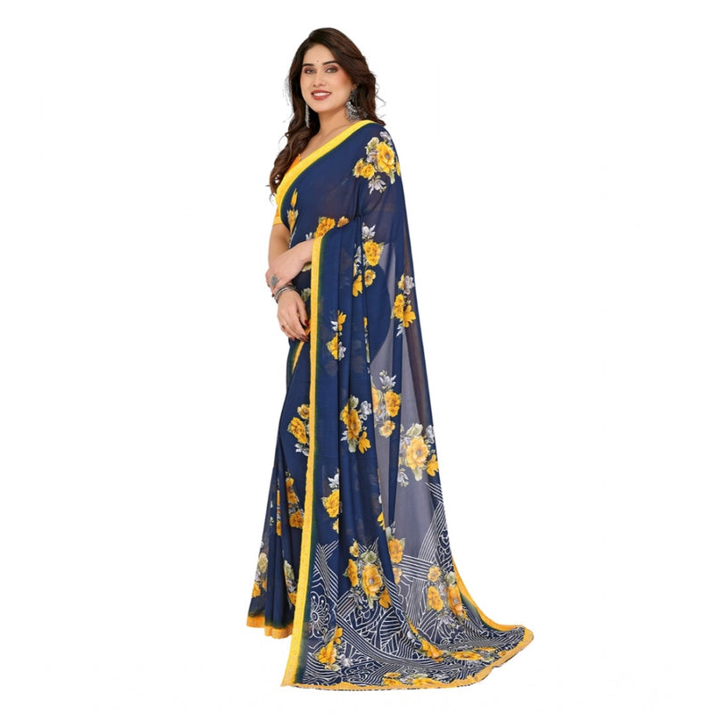 Mayawye Women's Georgette Printed Saree With Unstitched Blouse 5.5Mtr (Blue)