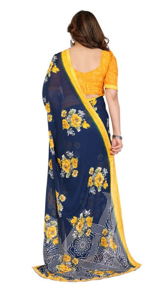 Mayawye Women's Georgette Printed Saree With Unstitched Blouse 5.5Mtr (Blue)