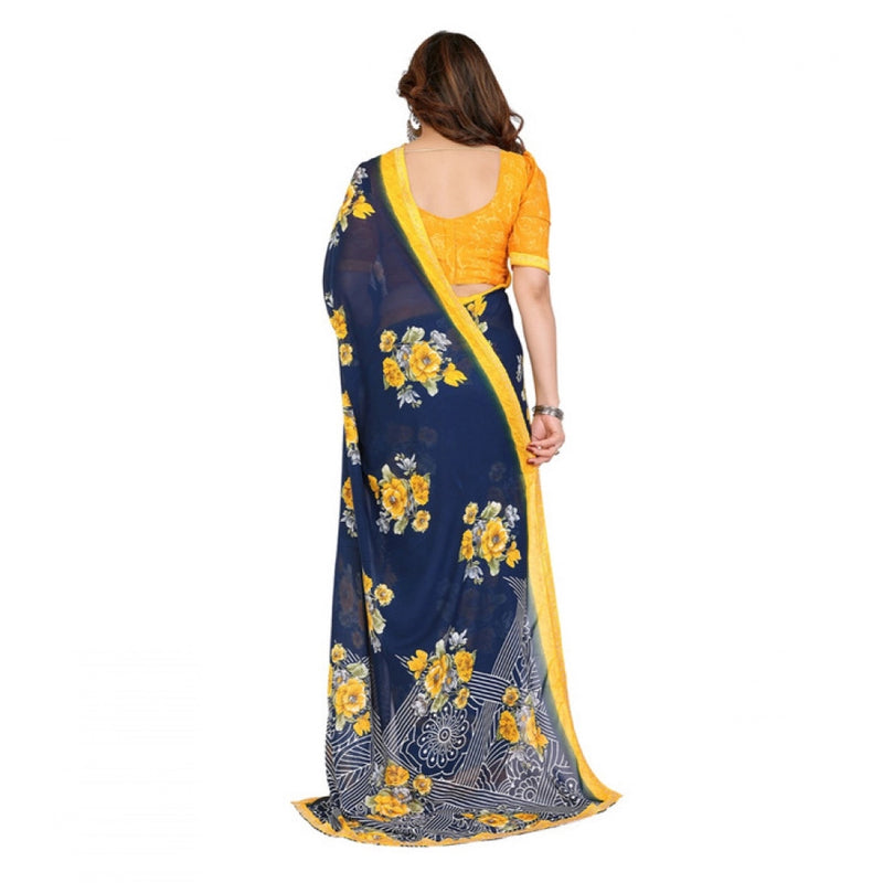 Mayawye Women's Georgette Printed Saree With Unstitched Blouse 5.5Mtr (Blue)