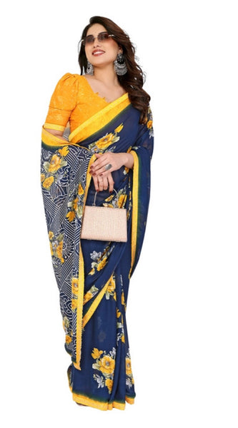 Mayawye Women's Georgette Printed Saree With Unstitched Blouse 5.5Mtr (Blue)