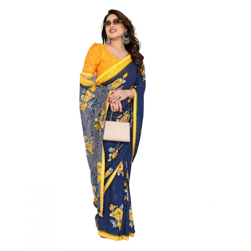 Mayawye Women's Georgette Printed Saree With Unstitched Blouse 5.5Mtr (Blue)